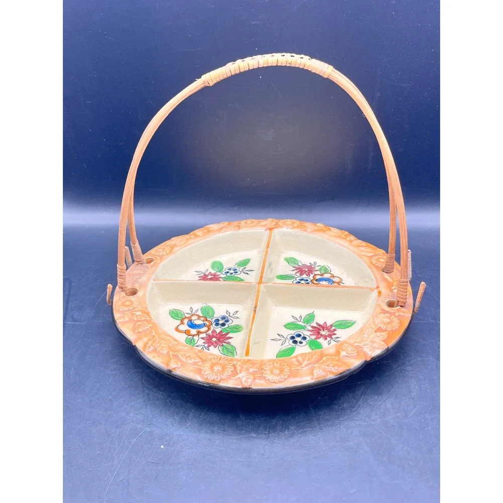 Vtg 4 Section Divided‎ Serving Dish Wicker Handle Ceramic Floral Japan 7.5